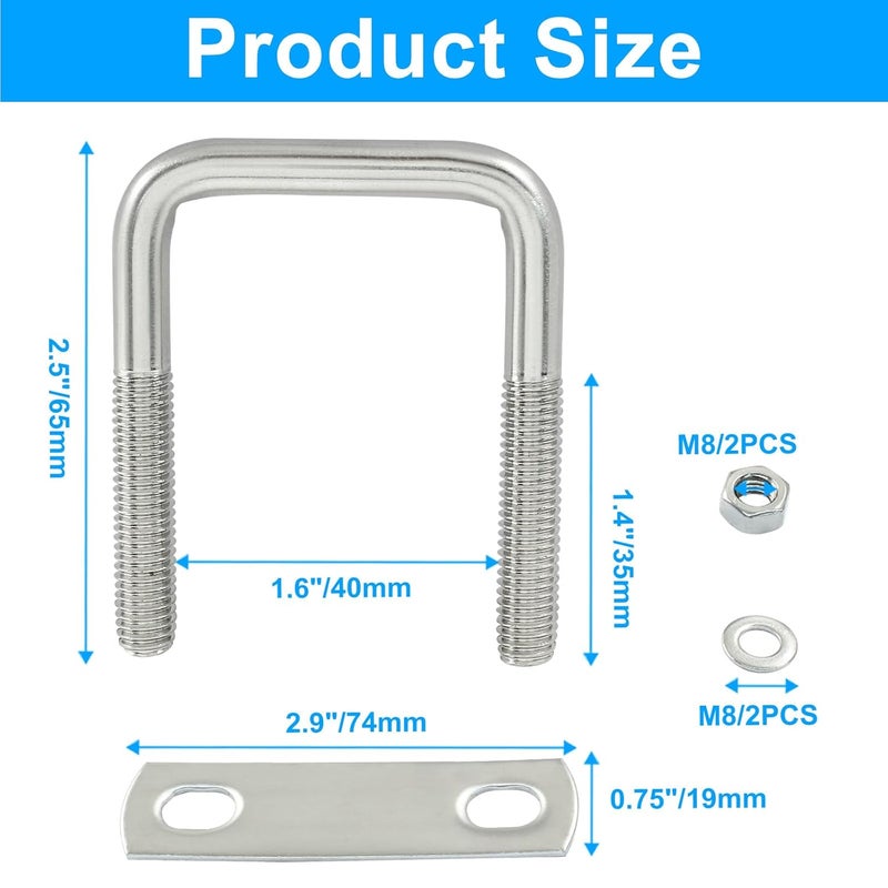 Rierdge 2 Stainless Steel Square U-Bolts, Inner Width 1.6"(40mm), Length 2.5"(65mm), M8 304 Stainless Steel with Frame Plates and Nuts for Light Industry, Metallurgy, Construction, Shipping - Image 3